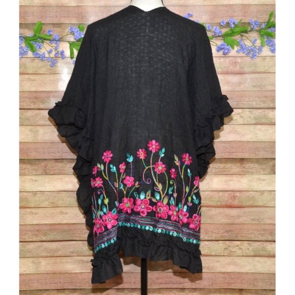 Womens Black Embroidered Floral Open Front Cover Up Cardigan Plus Size 4X Ruffle - Picture 7 of 10